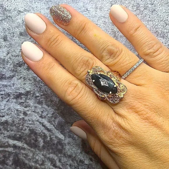 Vintage onyx solid 14kt real gold - Picture 4 of 11